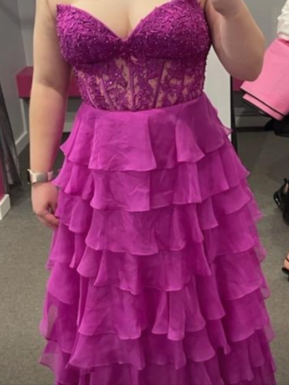 Fuchsia Strapless Ruffled Tulle Gown- Sherry Hill, Size 12